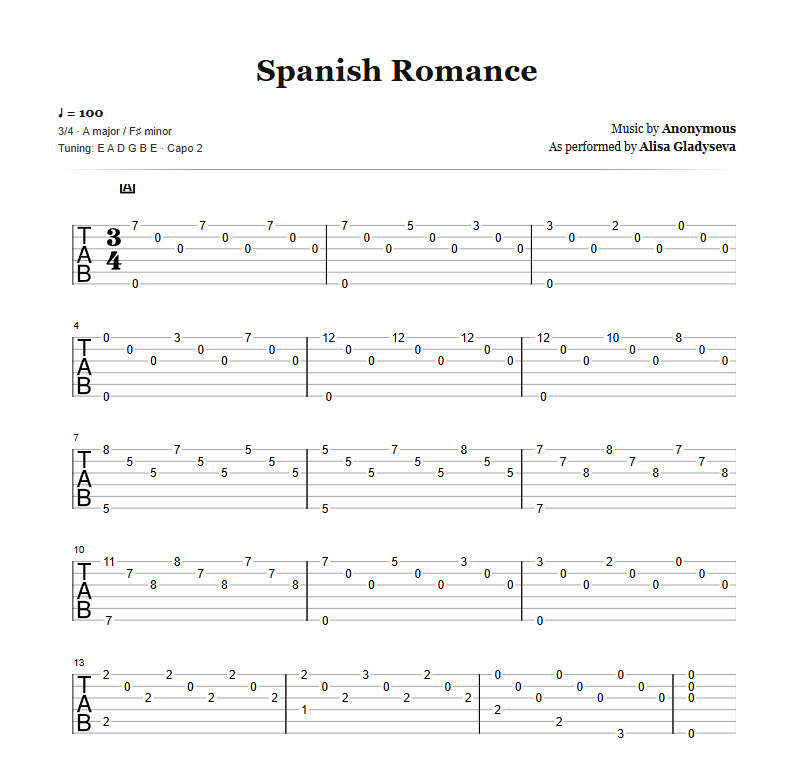 The first page of the Spanish Romance as guitar tab