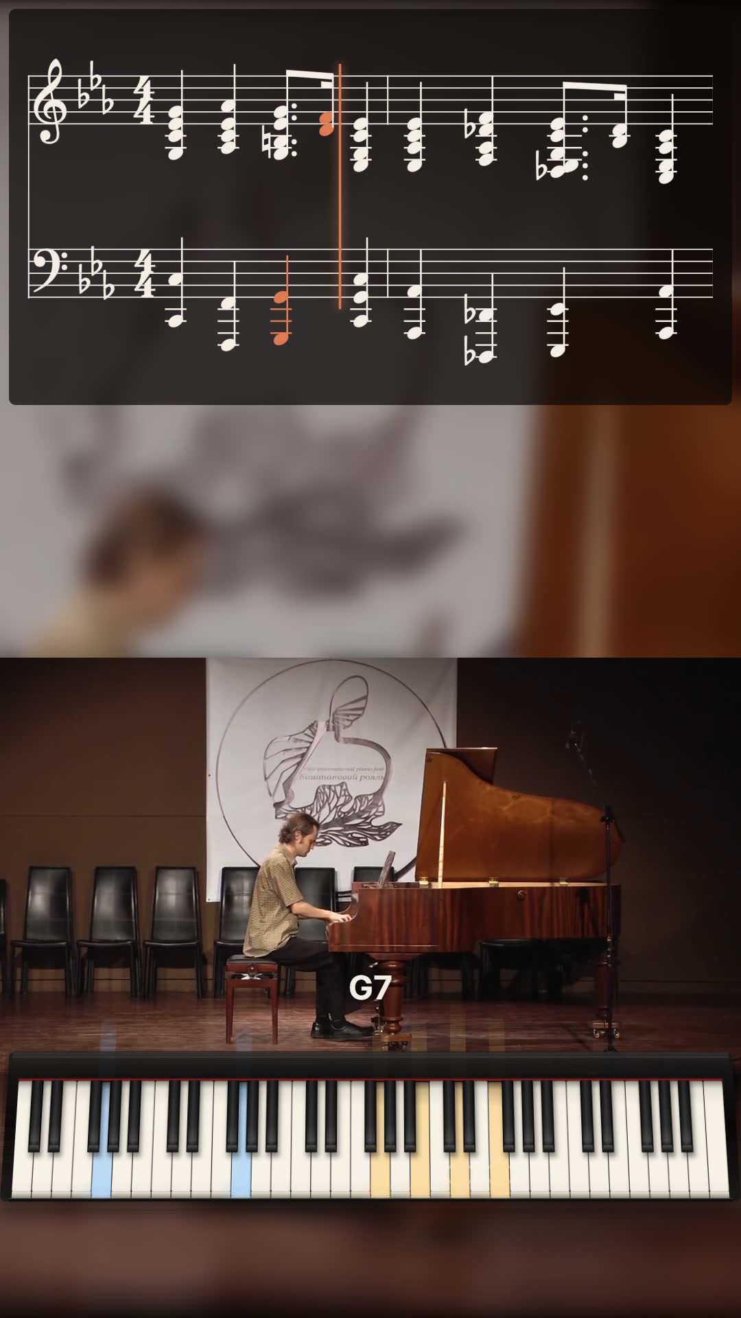 A piano cover with the score in a band and a grand piano playing along