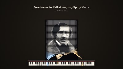 Chopin’s portrait built from grains of light, each one rising from a key as its note is played
