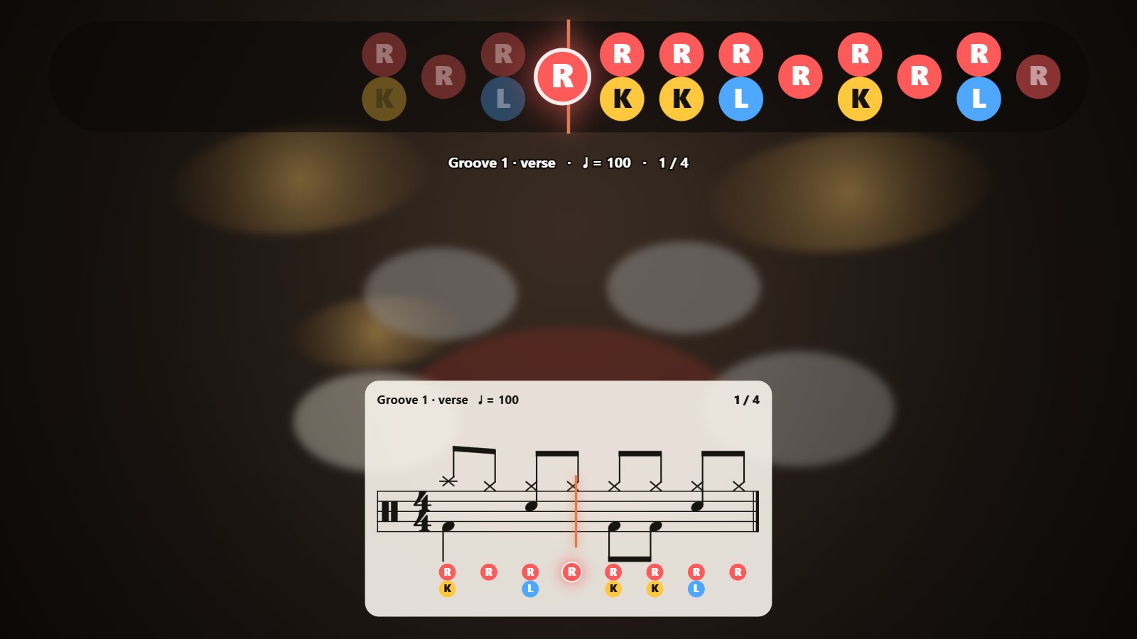 A drum groove on a video: sticking running along the top, drum notation along the bottom, the hit being played lit