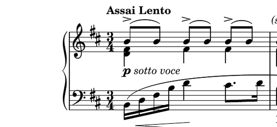 The first bar of Chopin's Prelude in B minor as published, without note names