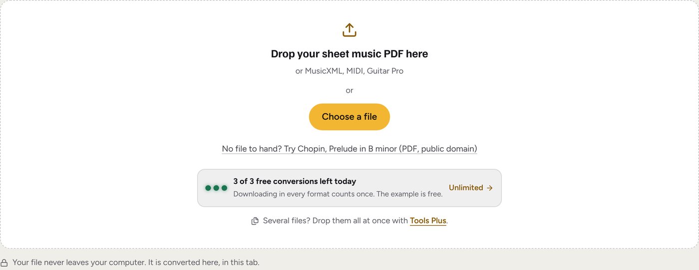 The note-names tool waiting for a file: Drop your sheet music PDF here, or MusicXML, MIDI, Guitar Pro, with a Choose a file button