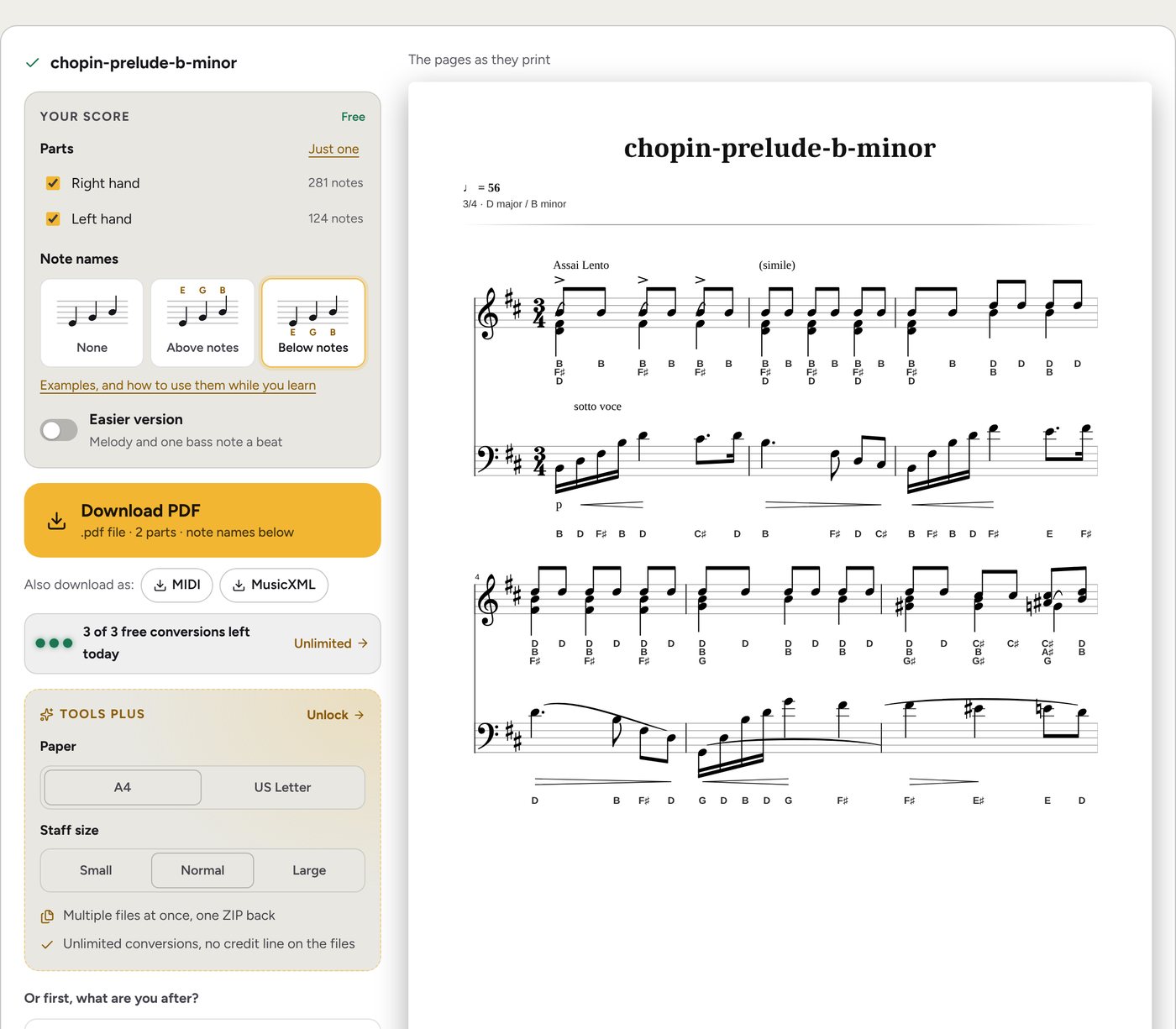 The tool after reading the Chopin prelude: Parts, the Note names choice with None, Above notes and Below notes, the Download PDF button, and the first page with the names printed under the notes