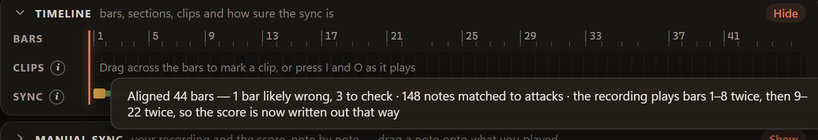 The editor after the sync: the bar timeline and the message that the recording plays bars 1–8 twice, then 9–22 twice