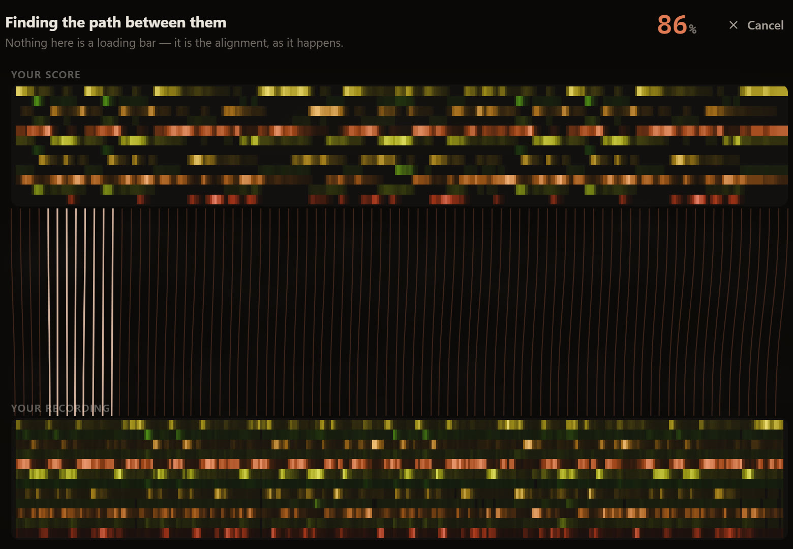 The editor while it syncs: the score and the recording as colour fingerprints, joined by the path it has found