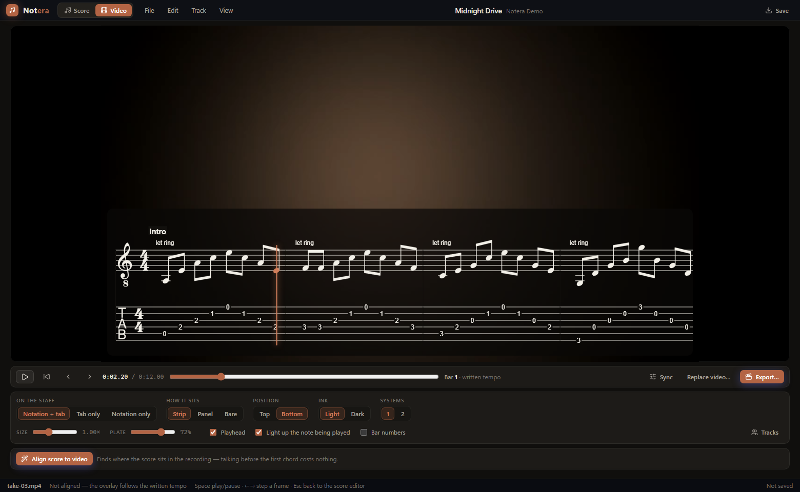 The video workspace with the review strip along the bottom