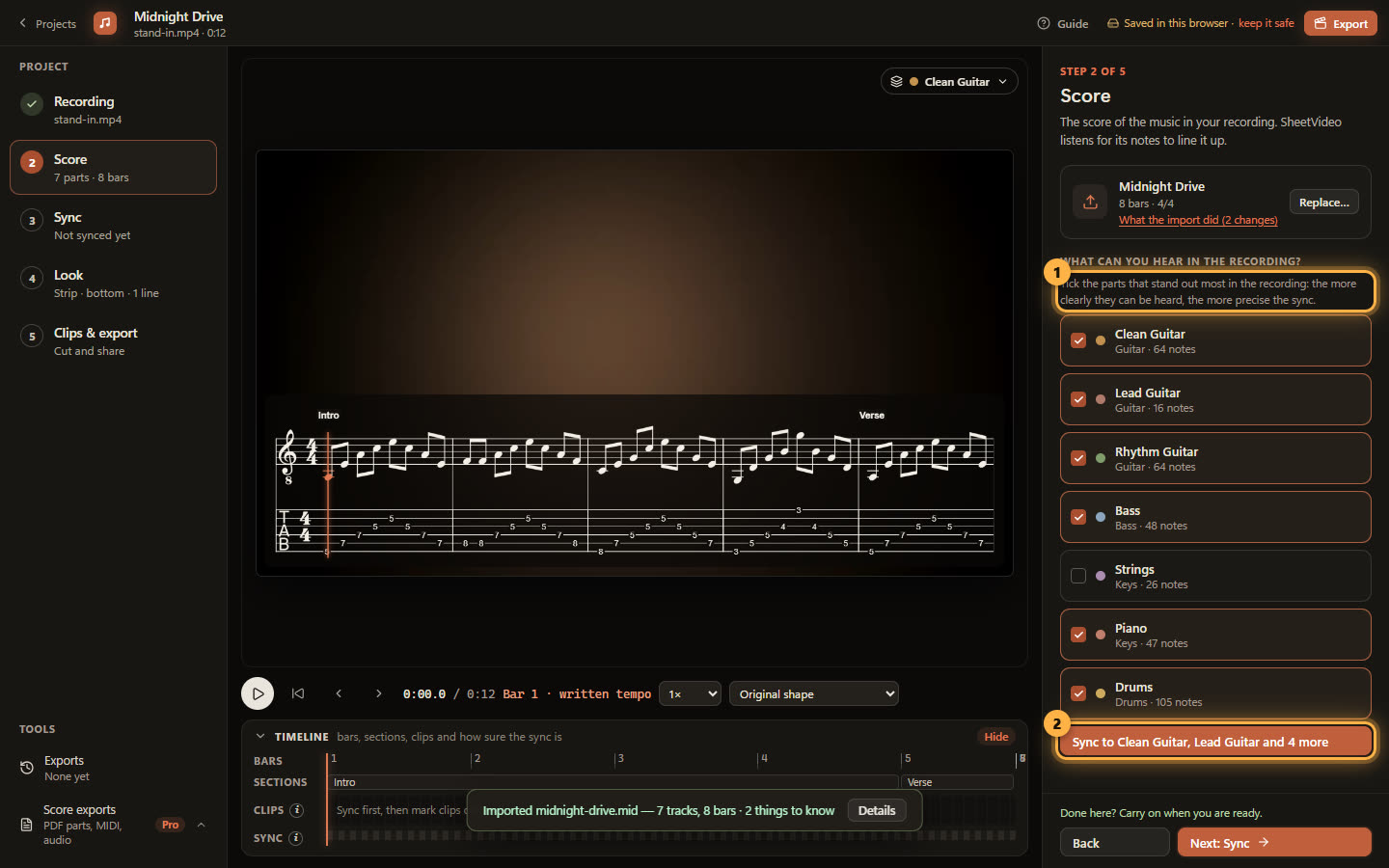 What can you hear in the recording?, a band arrangement with the likely parts ticked
