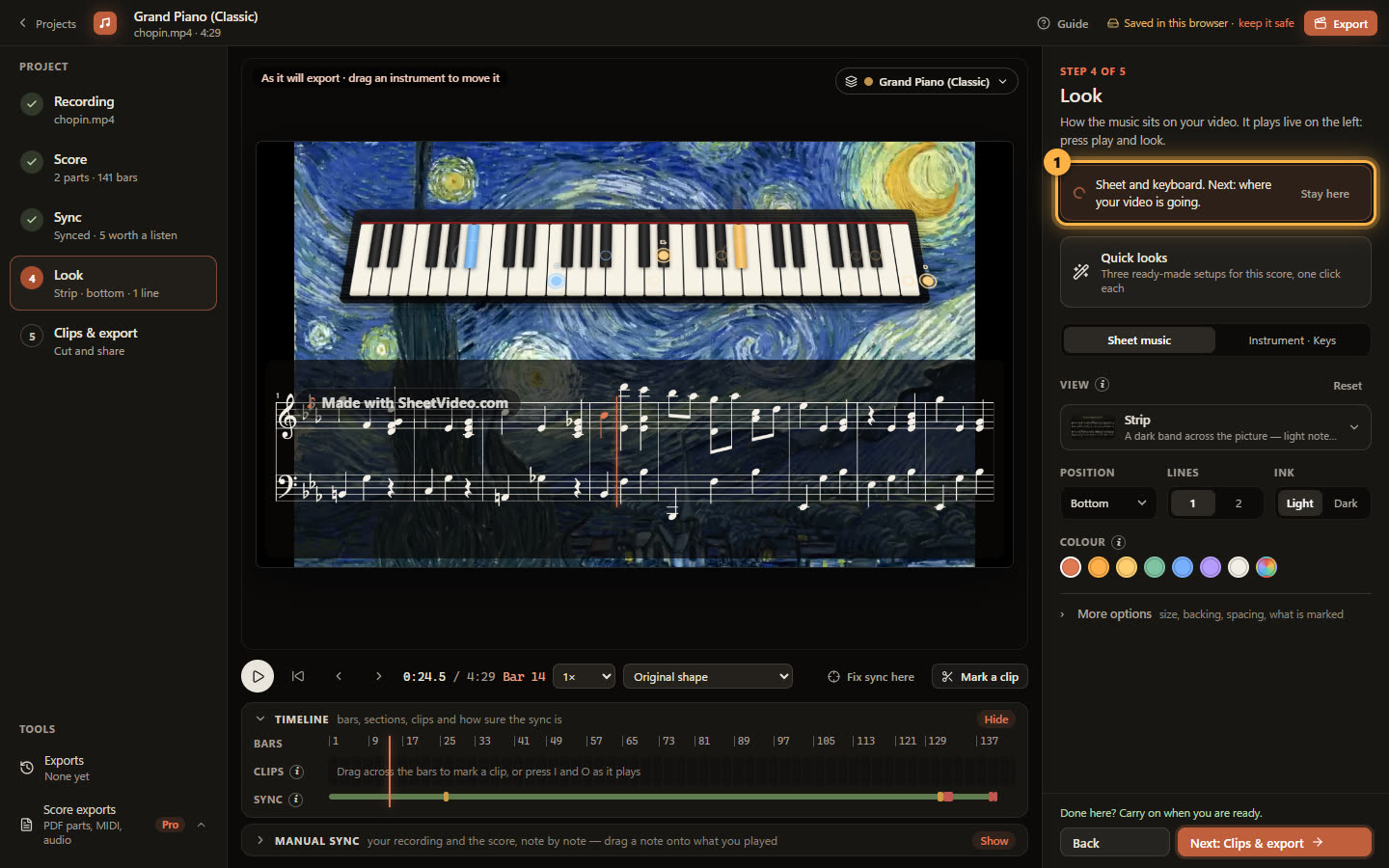 Sheet and keyboard on the video, with the line saying where the project goes next