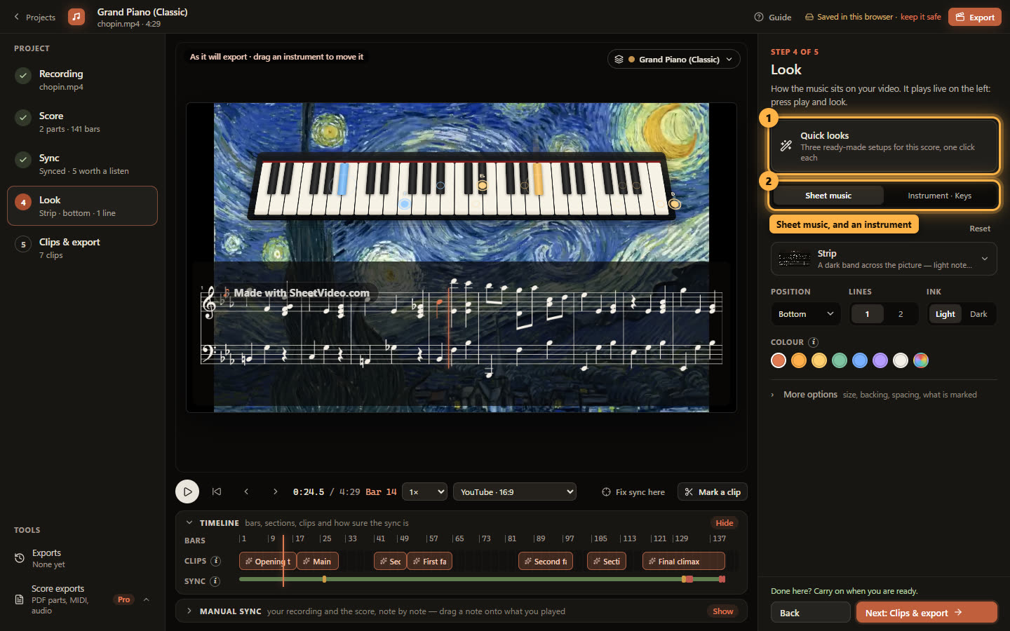The SheetVideo editor on the Look step, with the Strip and a grand piano over Chopin’s Nocturne