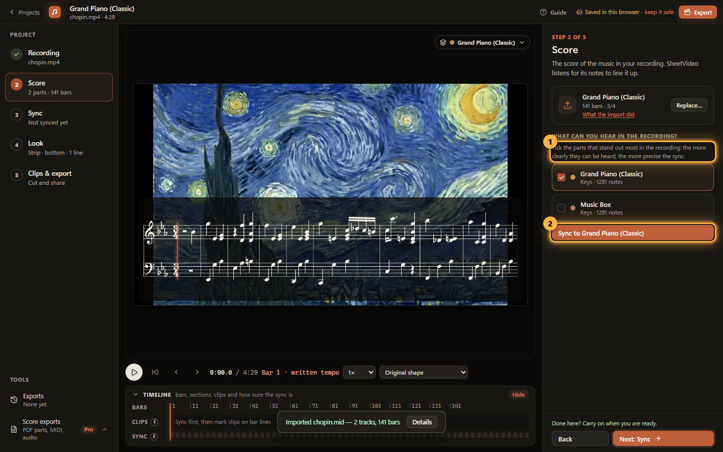 What can you hear in the recording?, with Grand Piano ticked and Sync to Grand Piano ringed