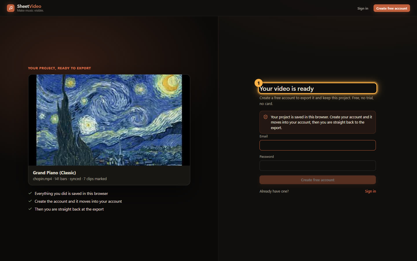 The sign-up page, headed Your video is ready