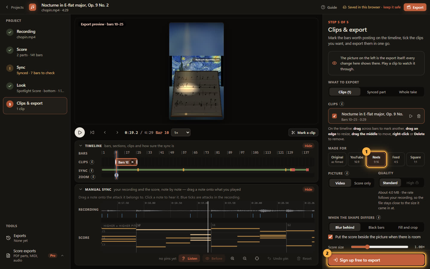 The 9:16 export preview, with Reels 9:16 and Sign up free to export ringed