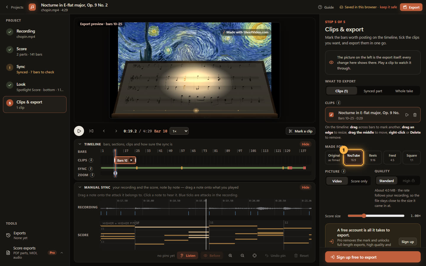 The export preview set to YouTube 16:9, with the YouTube button ringed