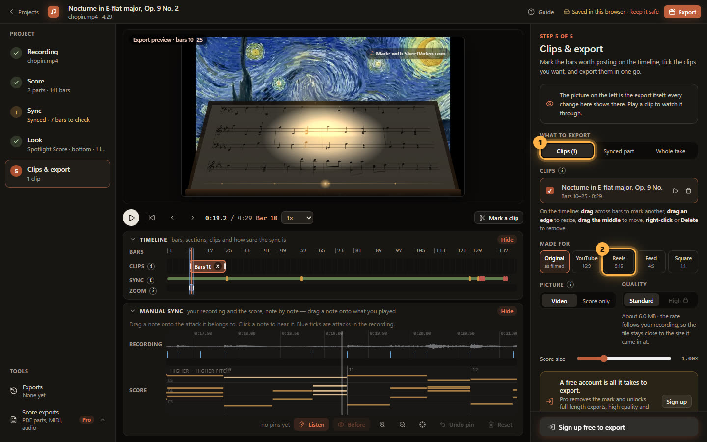 The Clips & export step with Clips and Reels 9:16 ringed