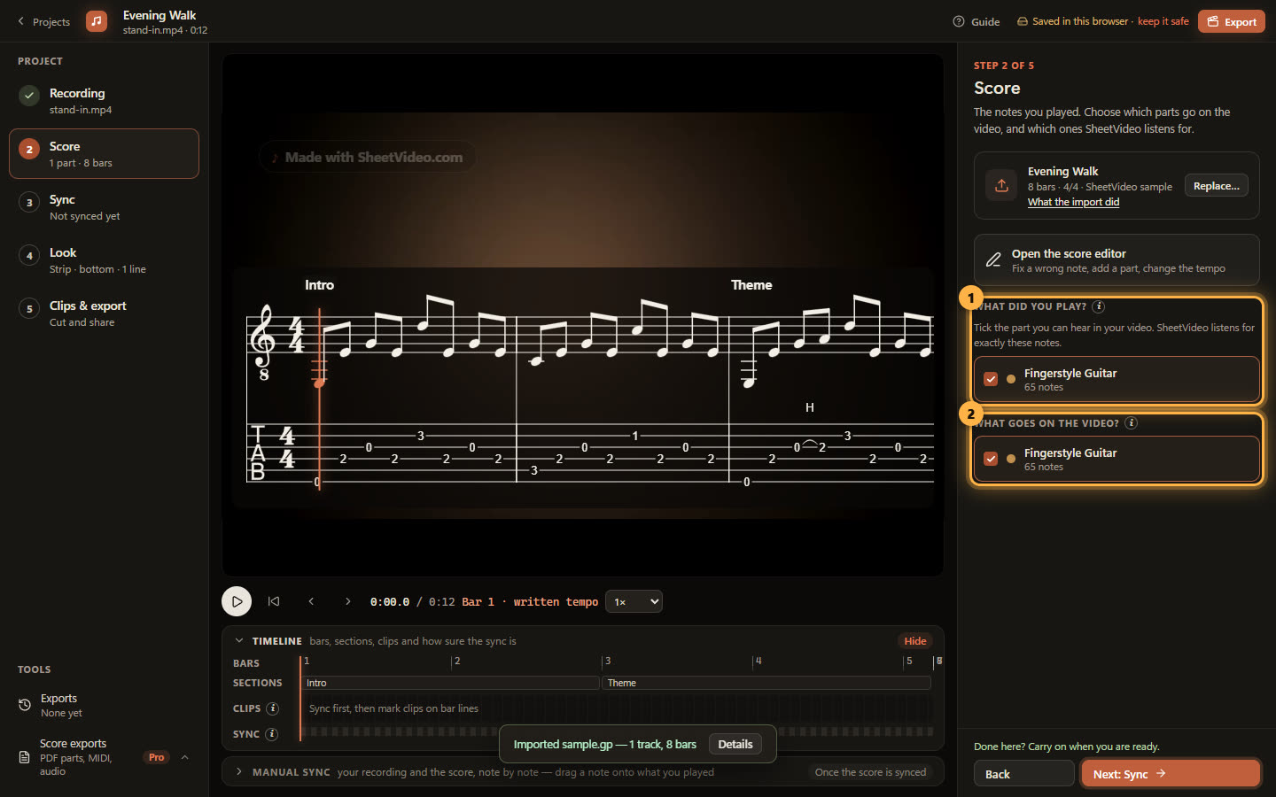 A Guitar Pro file imported into SheetVideo, with its part lists ringed