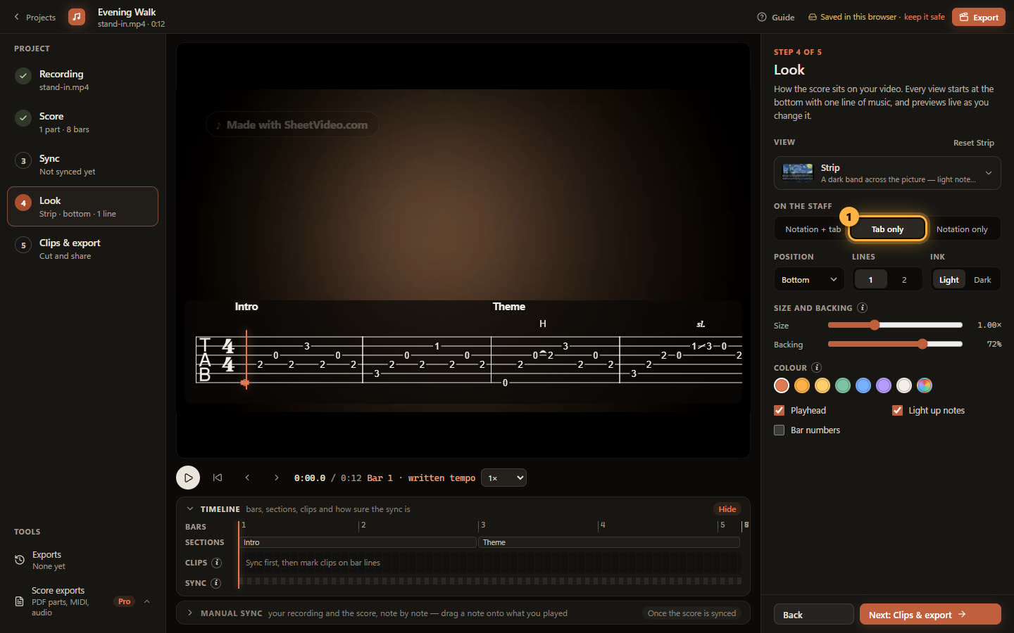 The Look step with Tab only ringed and the tab drawn over the video