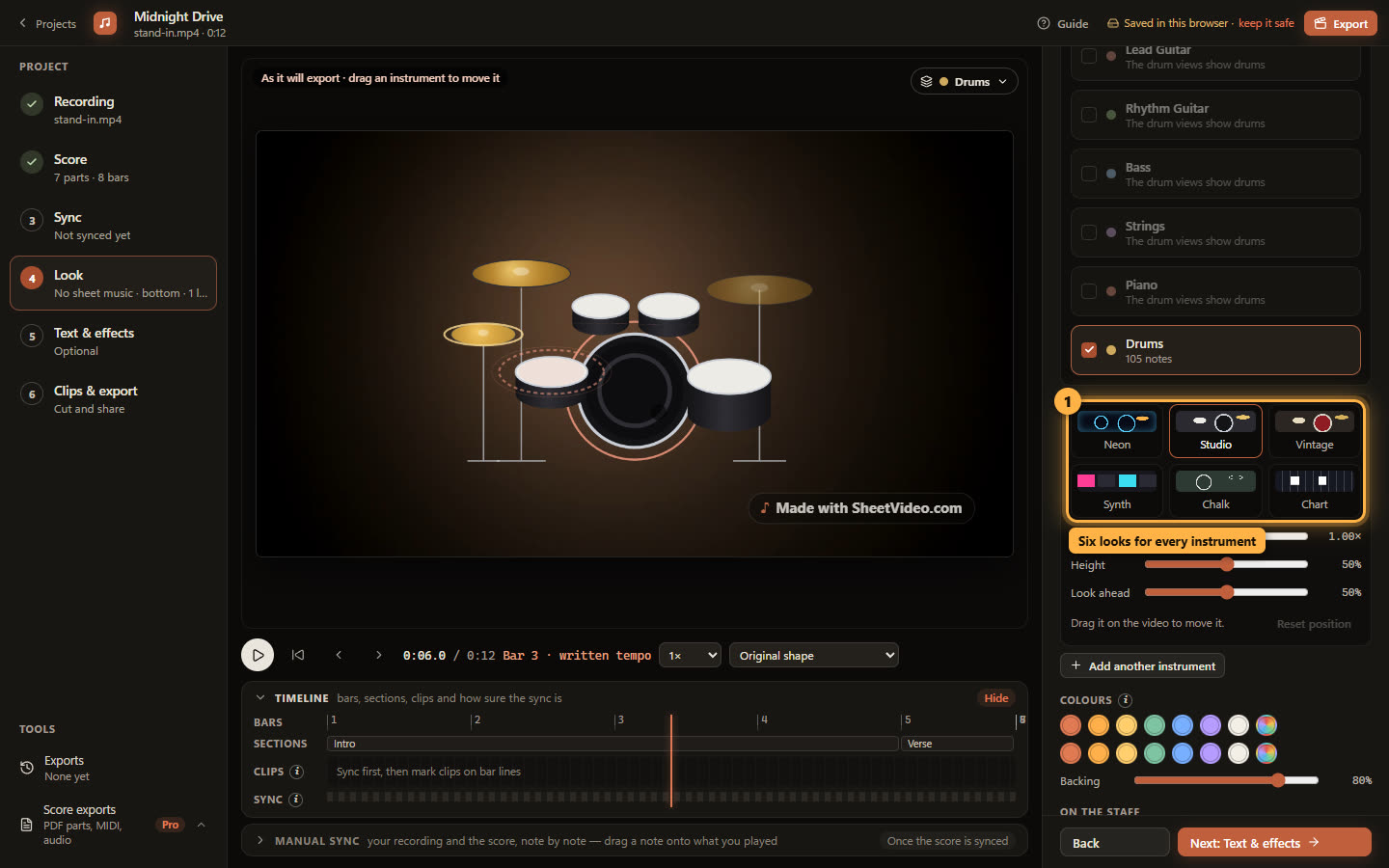 The Drum Kit on the demo song, with its six looks ringed