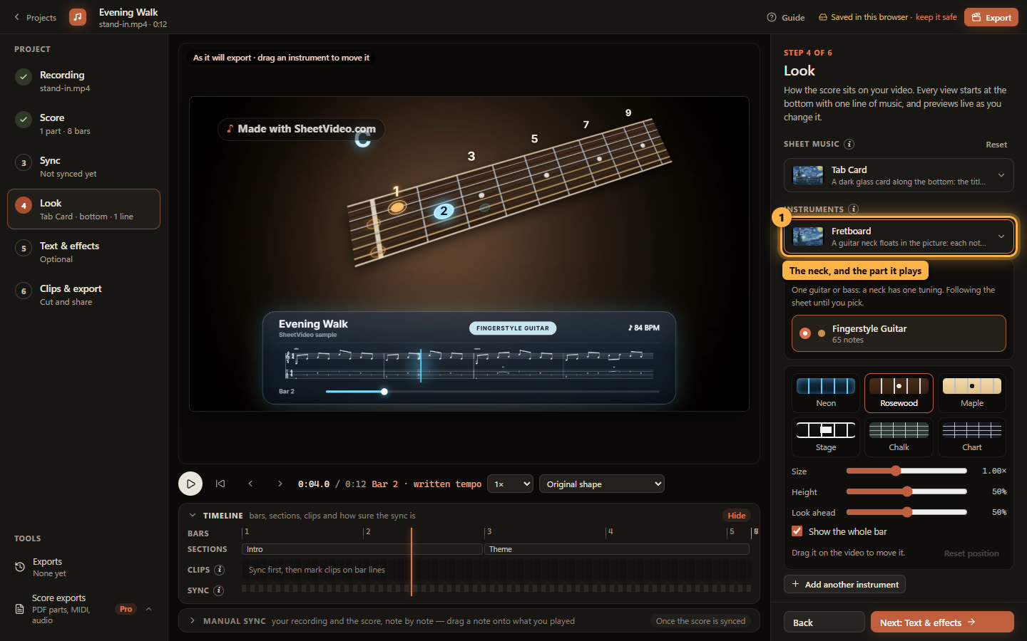 The Fretboard instrument under a Tab Card, with its part list ringed