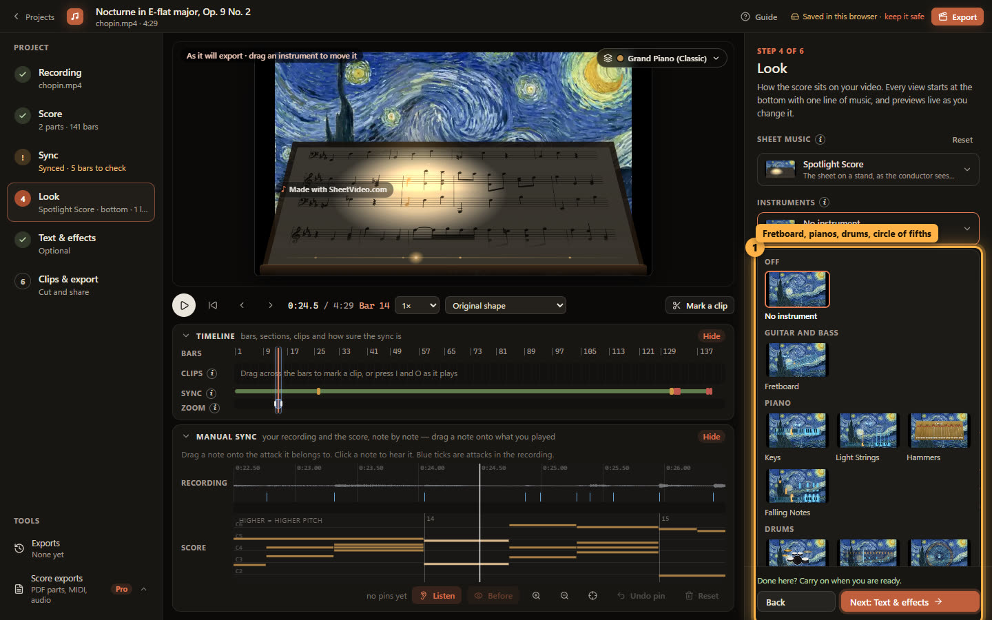 The instrument picker open on the Look step
