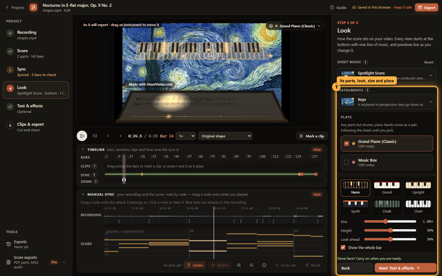 The Keys instrument under the Spotlight Score view, its settings ringed