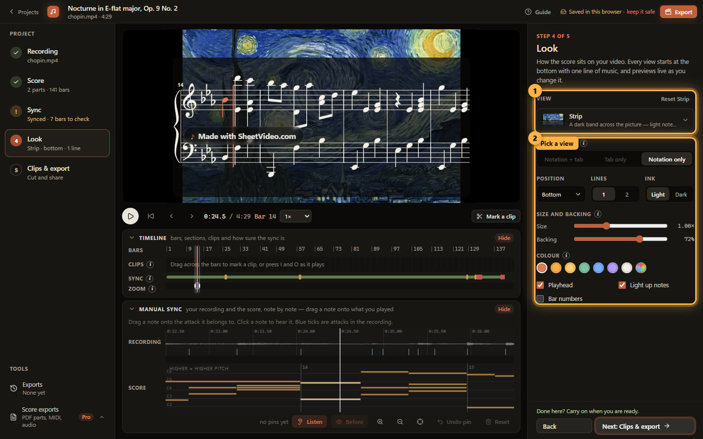 The Look step, with the view picker and the view’s settings ringed