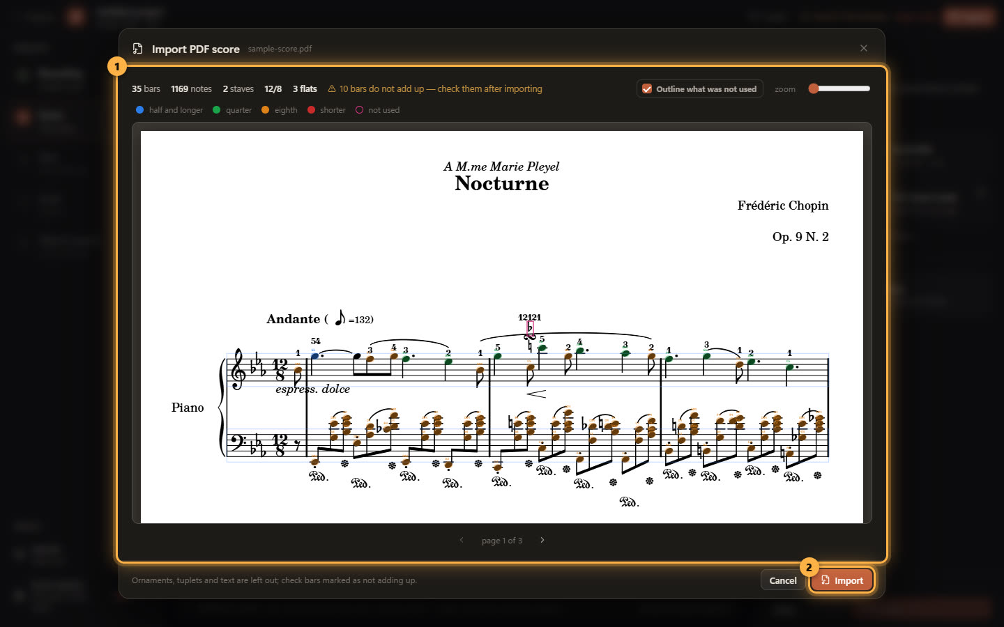 The PDF import dialog reading Chopin’s Nocturne, with the summary line and Import ringed