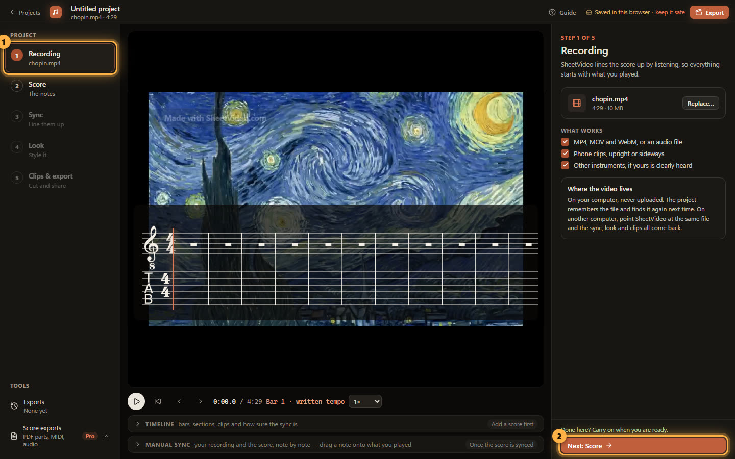 The recording loaded in SheetVideo, with the Recording step ticked and Next: Score ringed