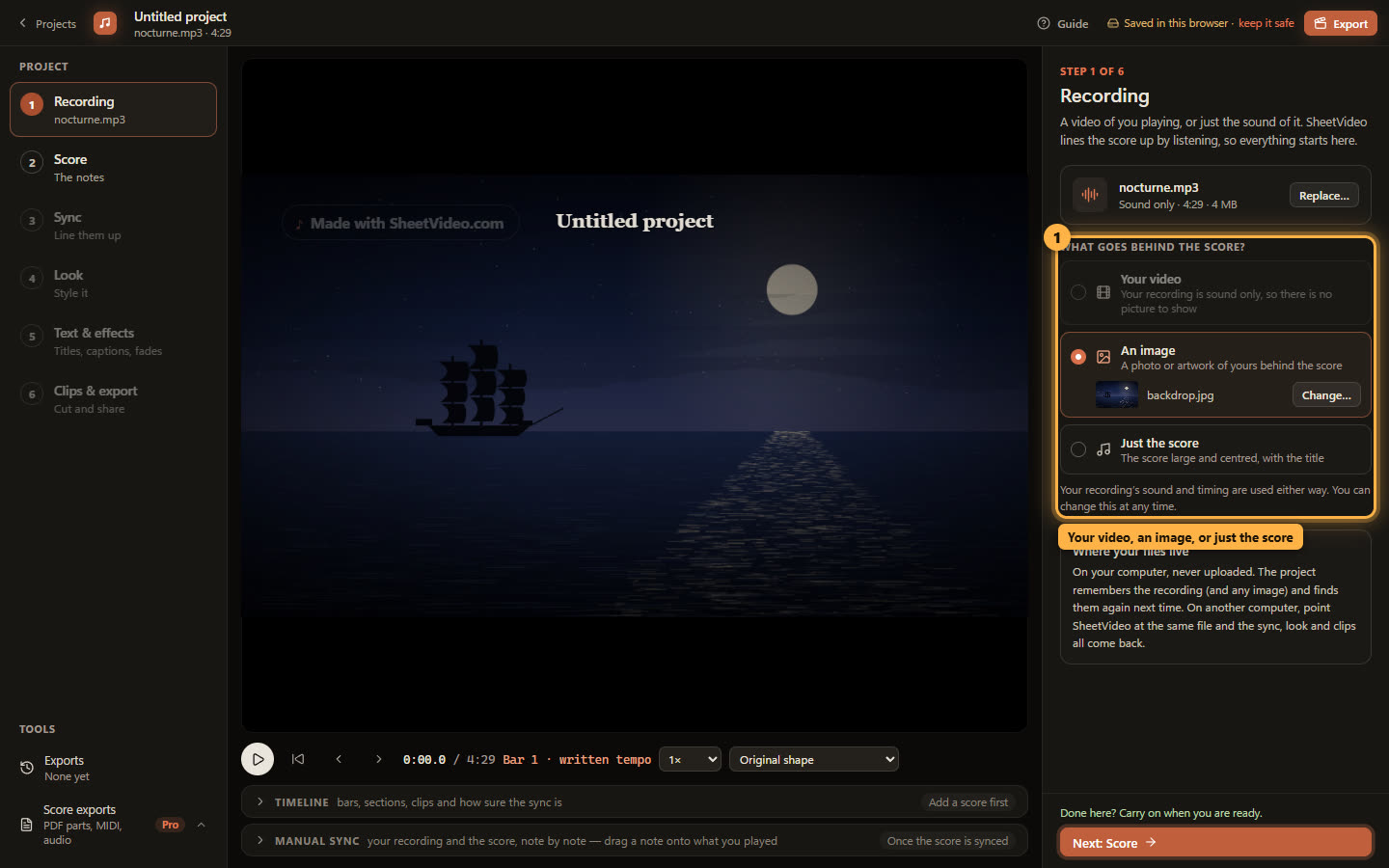The Recording step with an audio file loaded and An image chosen behind the score