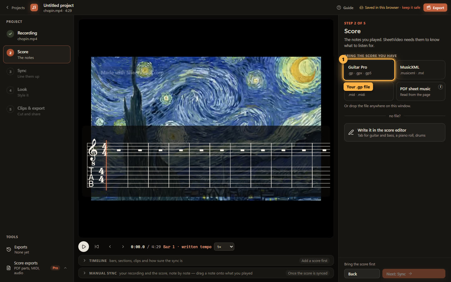 The Score step with the Guitar Pro button ringed