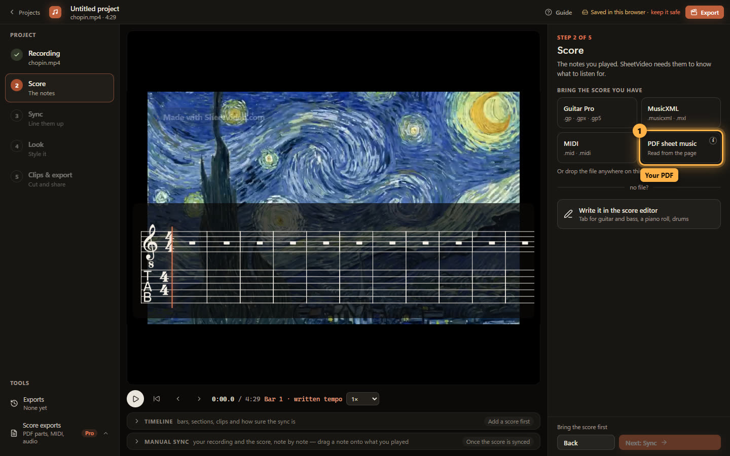 The Score step with the PDF sheet music button ringed