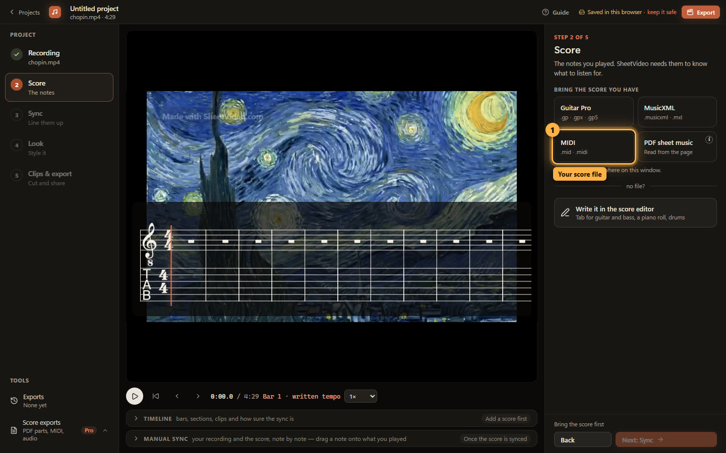 The Score step with the MIDI button ringed