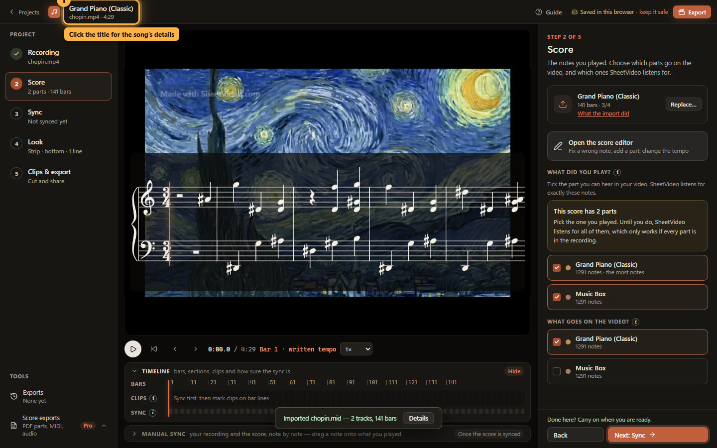 The imported Chopin MIDI over the video, the project title ringed