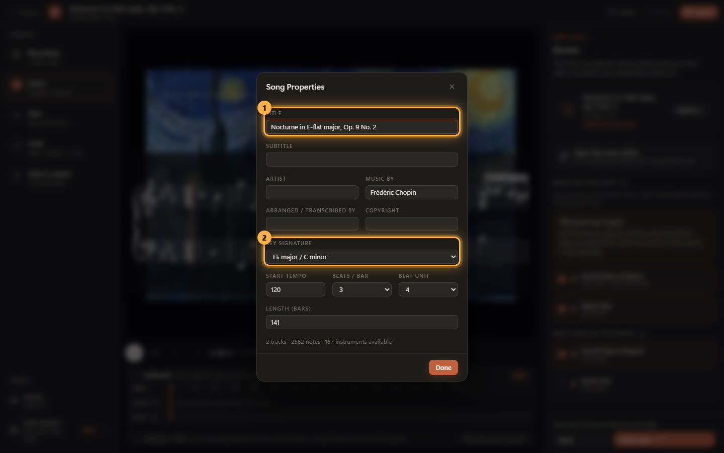 The Song Properties dialog with the title and key signature fields ringed