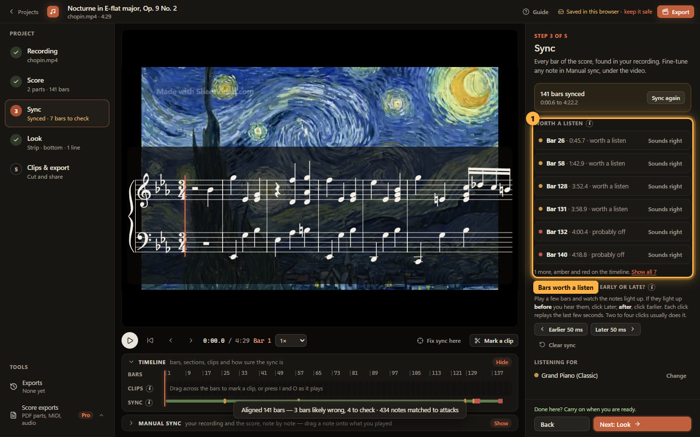 The Sync step after syncing, with the list of bars worth a listen ringed