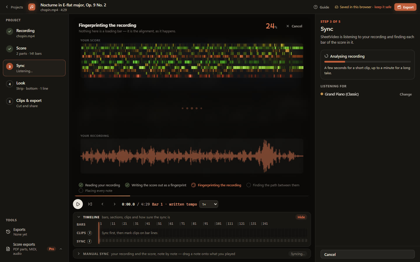 SheetVideo mid-sync, the score and recording fingerprints on screen