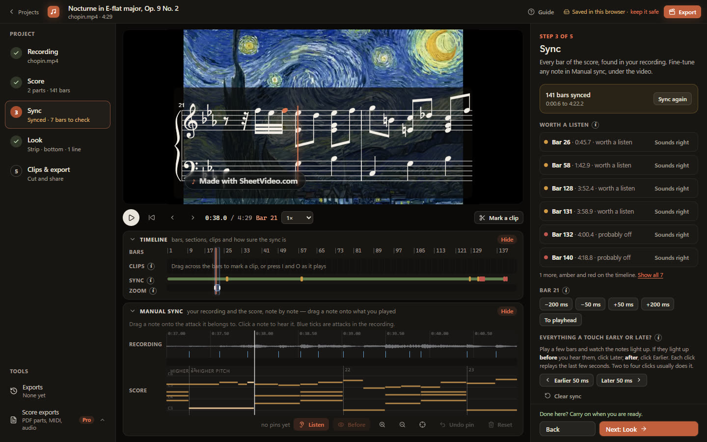 Manual sync open under the video, with the recording and the score’s notes lined up