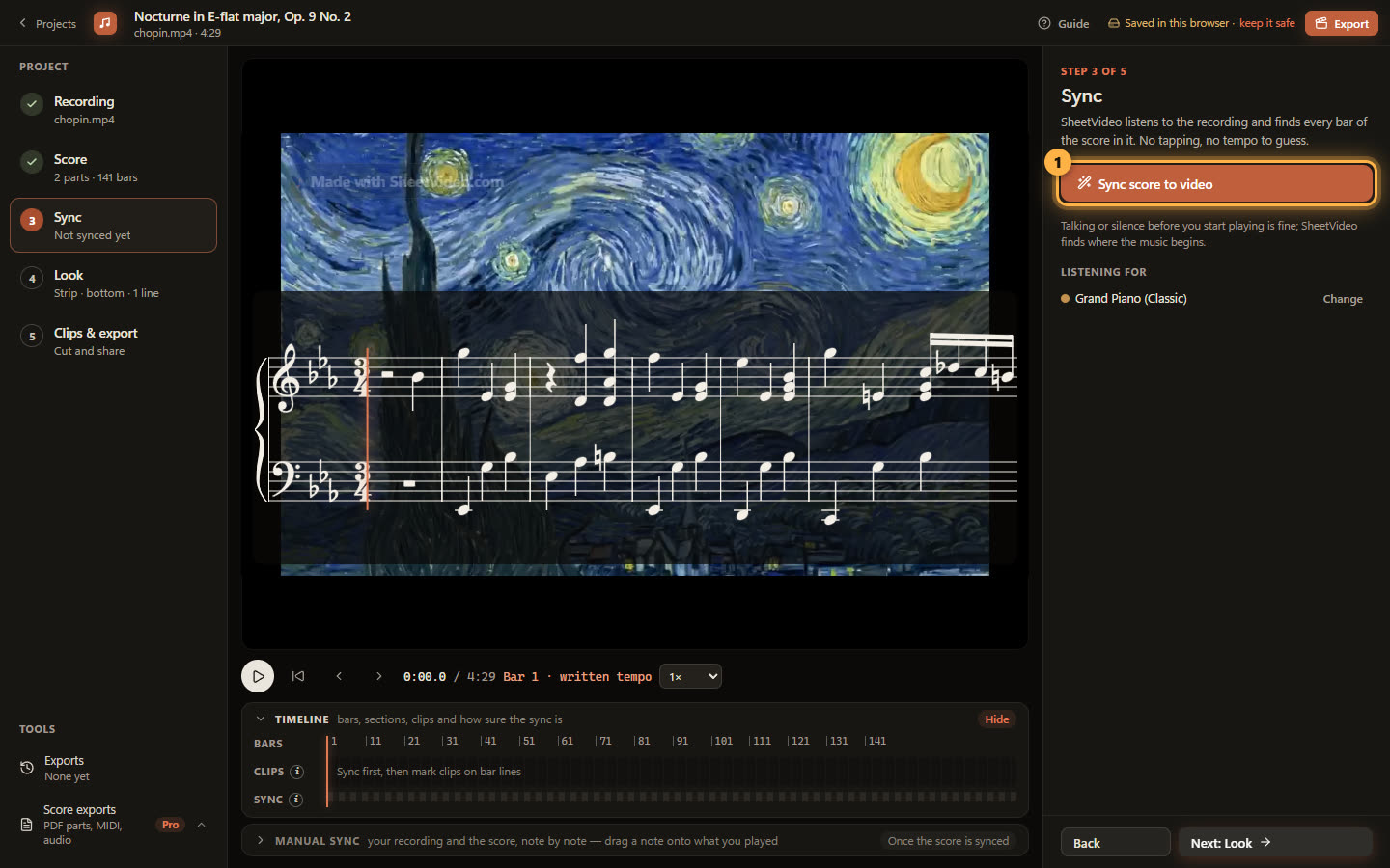 The Sync step with the Sync score to video button ringed